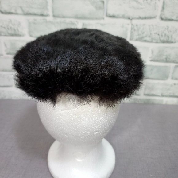 Vintage 50s 60s Black Mink Fur Hat Furry Halo Winter Fascinator Hat Sequin Side - Picture 5 of 8